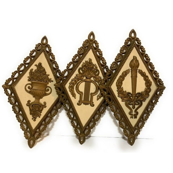 Vintage Homco wall plaques 3 MCM  Bronze and Cream Hollywood Regency Ornate - Picture 1 of 7
